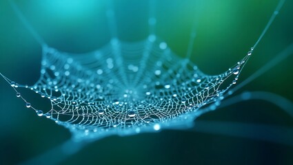 Abstract macro nature closeup of a wet spider web with water dew drops creating a delicate pattern in the cold morning light