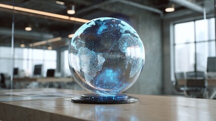 Holographic globe floating in modern workspace with high-tech data visualization