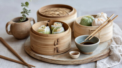 Delicious dim sum served in bamboo steamers with sauces