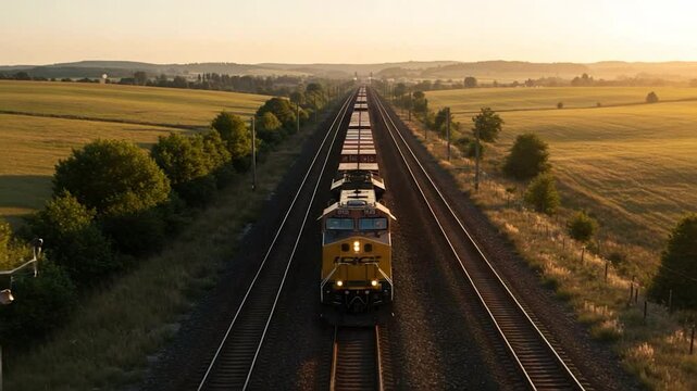 Freight train travels along tracks through rural landscape during golden hour sunset