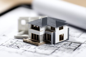 Detailed architectural model of a modern house on blueprints in a design studio setting