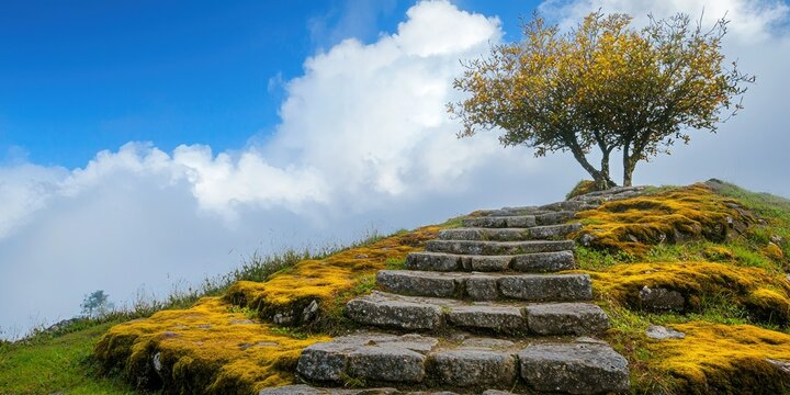 Stone stairway with golden moss, disappearing into clouds, ending at twin fig trees