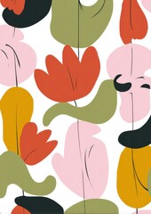 Colorful abstract floral design with bold shapes and soft lines on a white background