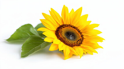 Obraz premium Vibrant sunflower with bright yellow petals and dark center, accompanied by green leaves, symbolizes joy and warmth