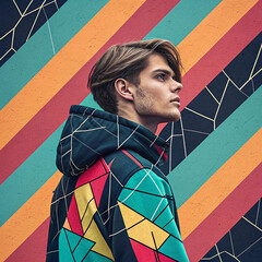 Trendy Young Man in Colorful Geometric Hoodie Against Abstract Striped Background

