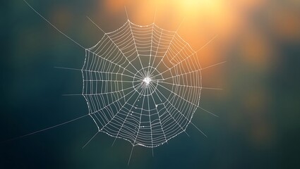 A spider on its wet, silk web, adorned with morning dew drops, creates a delicate pattern in nature's intricate network
