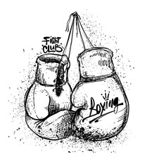 Boxing vector design with gloves illustration. Grungy line art for t-shirt prints with a rough, dirty street-style effect