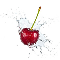 A vibrant red cherry creates a dynamic water splash against a . The image evokes freshness and summery vibes. Isolated on white or transparent background