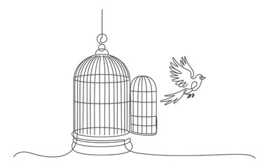 Single Line Drawing of Bird Flying from Open Cage Freedom Concept Illustration