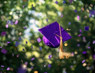 Purple graduation cap floats amidst confetti in a bokeh-filled outdoor setting.  A golden tassel hangs from the cap