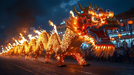 Obraz premium Giant Dragon Parade at Night, Fire, Festivities
