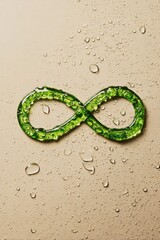 Green infinity symbol made of translucent gel resting on a wet surface with drops of water