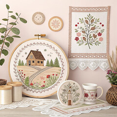 Rustic Home Decor with Hand Embroidered Hoops, Floral Patterns, and Cozy Cottage Style

