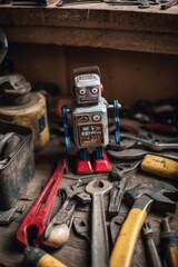 Fototapeta premium Vintage robot toy standing among various tools in a cluttered workshop on a sunny afternoon