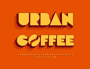 Vector Advertising signboard Urban Coffee with Decorative Bean. Big Geometric 3D Font. Trendy Abstract style Alphabet Letters, Numbers and Symbols set.