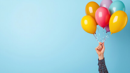Colorful balloons held up against blue background create festive atmosphere, perfect for celebrations and parties
