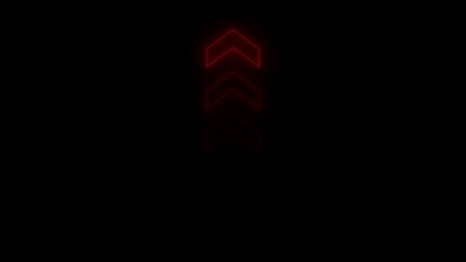 Red color neon arrow moving up on black background.