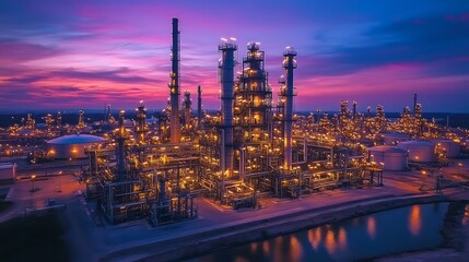 Fototapeta premium Industrial complex at twilight illuminated by lights.