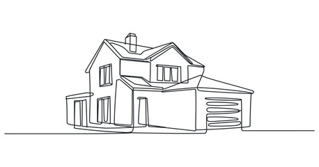 Single Line Drawing of a Modern Suburban House with Garage