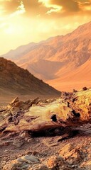 Naklejka premium Golden desert mountains at sunset. A dramatic vista of a rugged landscape with warm, golden light illuminating the peaks and valleys. A fallen log lies on the foreground