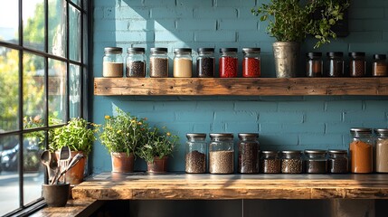 Obraz premium Sun-drenched spice rack in a rustic kitchen