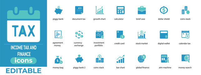 Clean, editable line icons for income tax and finance topics, ideal for business, accounting, banking, and fintech tools.