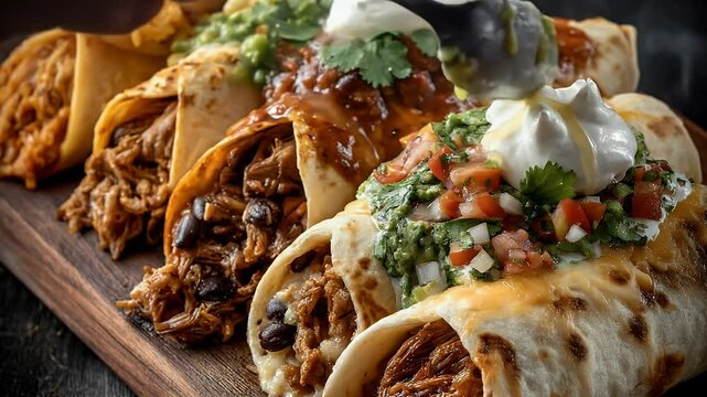 Delicious enchiladas displayed on wooden board