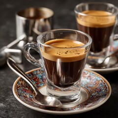 Fototapeta premium Elegant cafÃ© presentation of freshly made espresso, rich crema