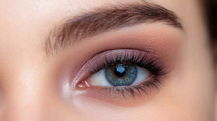 Obraz premium Close up of beautiful eye showcasing soft makeup with shades of pink and brown, highlighting eyelashes and natural beauty