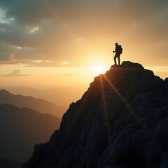 Fototapeta premium Hiker at Sunset on Mountain Peak
