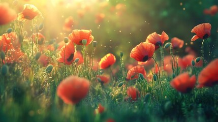 Sunlit poppy meadow, vibrant floral tapestry with dreamy atmosphere