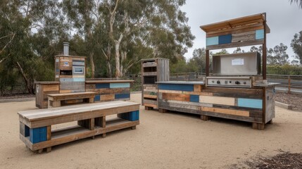 Outdoor rustic wooden kitchen set in a park.