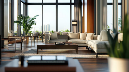 Fototapeta premium Cozy and sophisticated living room with large windows, modern furniture, and touch of greenery, creating serene atmosphere