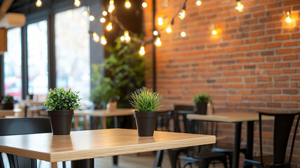 Fototapeta premium Cozy neighborhood cafe with warm lighting, wooden tables, and potted plants creating welcoming atmosphere for relaxation