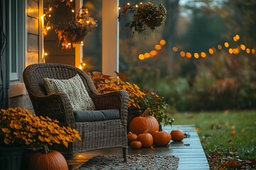 Wicker chair on porch with pumpkins and string lights in autumn setting view