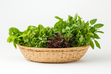 Naklejka premium Fresh herbs and greens in decorative basket create vibrant and healthy display, perfect for culinary use or decoration