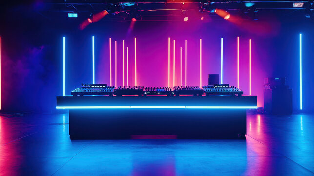 Vibrant digital DJ setup featuring colorful neon lights and sleek mixing console, creating energetic atmosphere for music enthusiasts