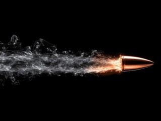 Flying Bullet with Smoke Trail on Black Background Close Up Studio Shot Weapon Projectile Speed