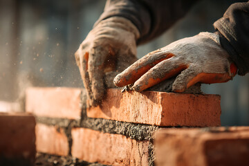 Hands of skilled mason laying red bricks