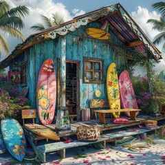 A surf shack with colorful, mismatched furniture and hand-painted surfboards leaning against its walls.