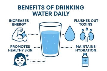 Illustration of the benefits of drinking water daily, including increased energy, healthy skin, toxin flushing, and hydration. Concept Benefits of Daily Water Intake, Increased Energy Levels