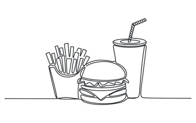 Continuous Line Drawing of Burger Fries and Soda