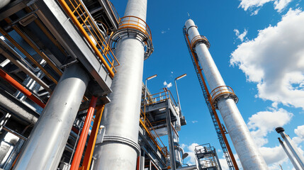 Fuel processing plant with tall metallic structures and blue sky, showcasing industrial design and engineering excellence