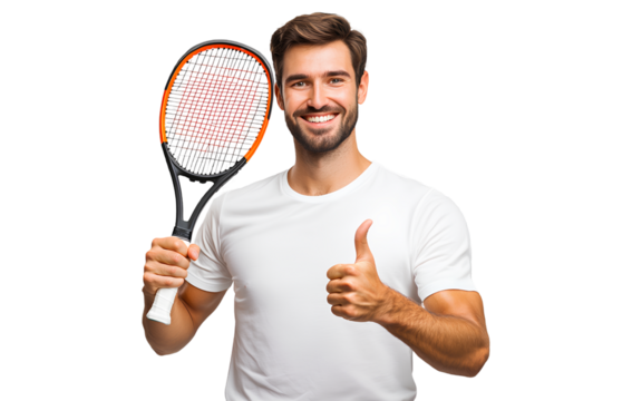  A happy man holding a tennis racket, giving a thumbs-up pose, wearing a white t-shirt, against a transparent background, in PNG format