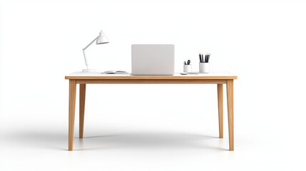 Modern minimalist desk setup featuring laptop, lamp, and stationery, creating clean and organized workspace