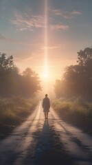 Fototapeta premium silhouette of a man walking on the road under sunset