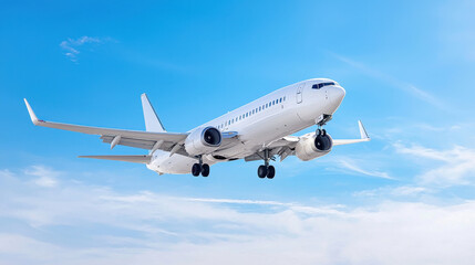 Obraz premium Minimalist airplane flying in clear blue sky, showcasing modern aviation technology and design