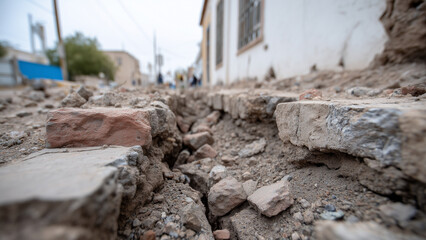 A close-up of an earthquake-damaged building foundation, with deep wall cracks, fallen bricks, and twisted metal scattered across the debris-laden ground, evoking destruction and urgency.