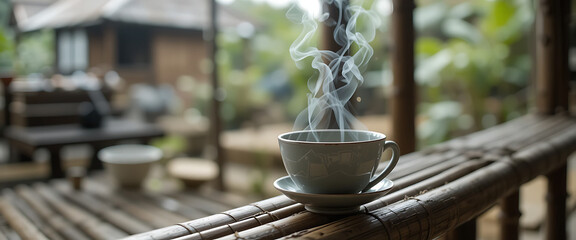 Hot tee cup on a wooden bench