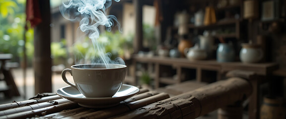 Hot tee cup on a wooden bench